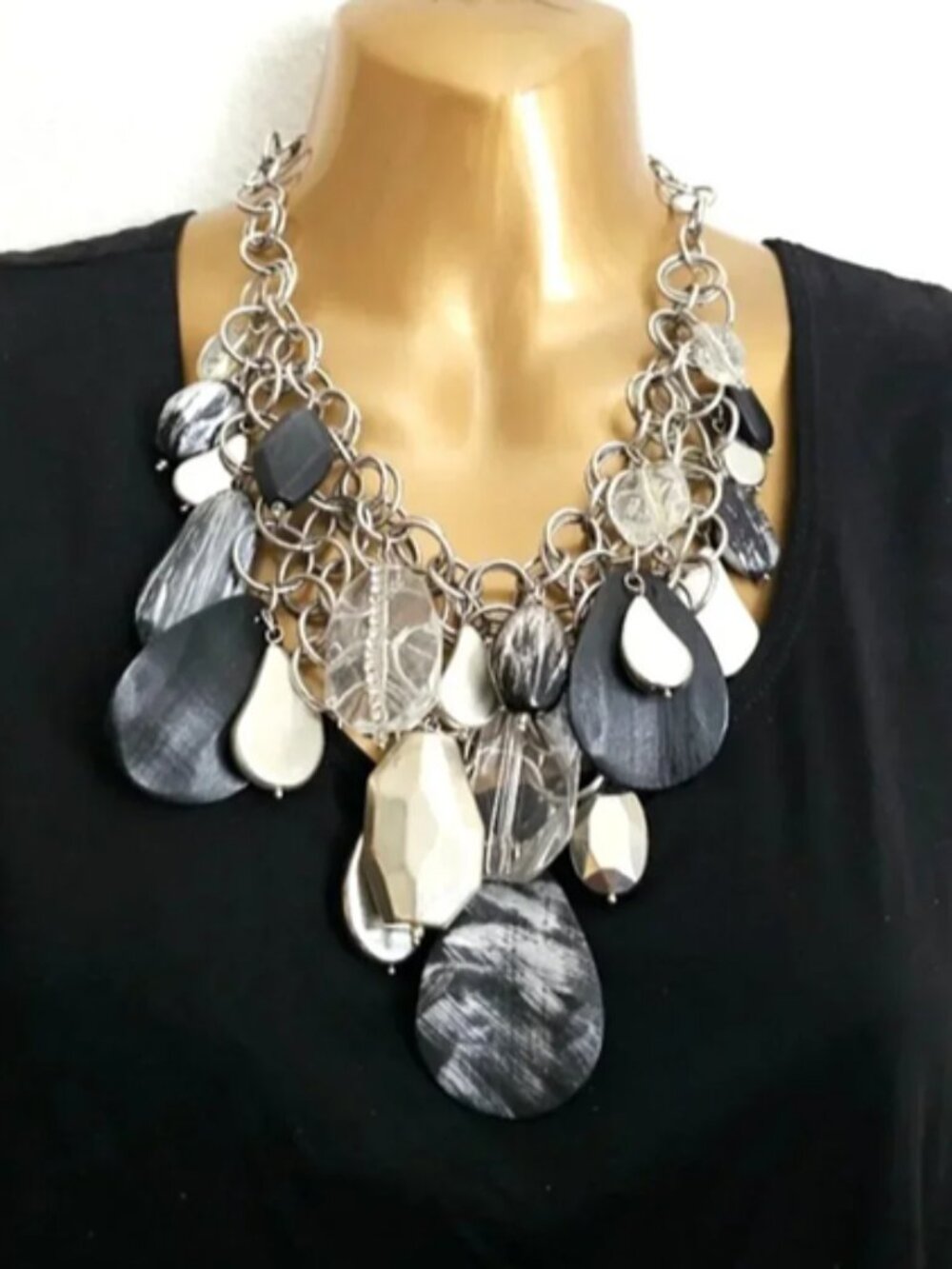 Chico's Sliver Layered Black Clear Necklace
